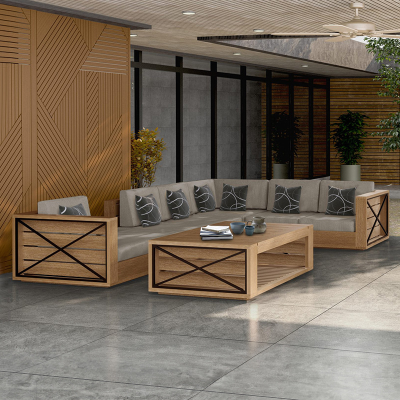 Conjunto de sofás de teca para exteriores para patio de hotel, impermeable, resistente al sol, muebles anticorrosivos, sofá de madera maciza para jardín de villa.