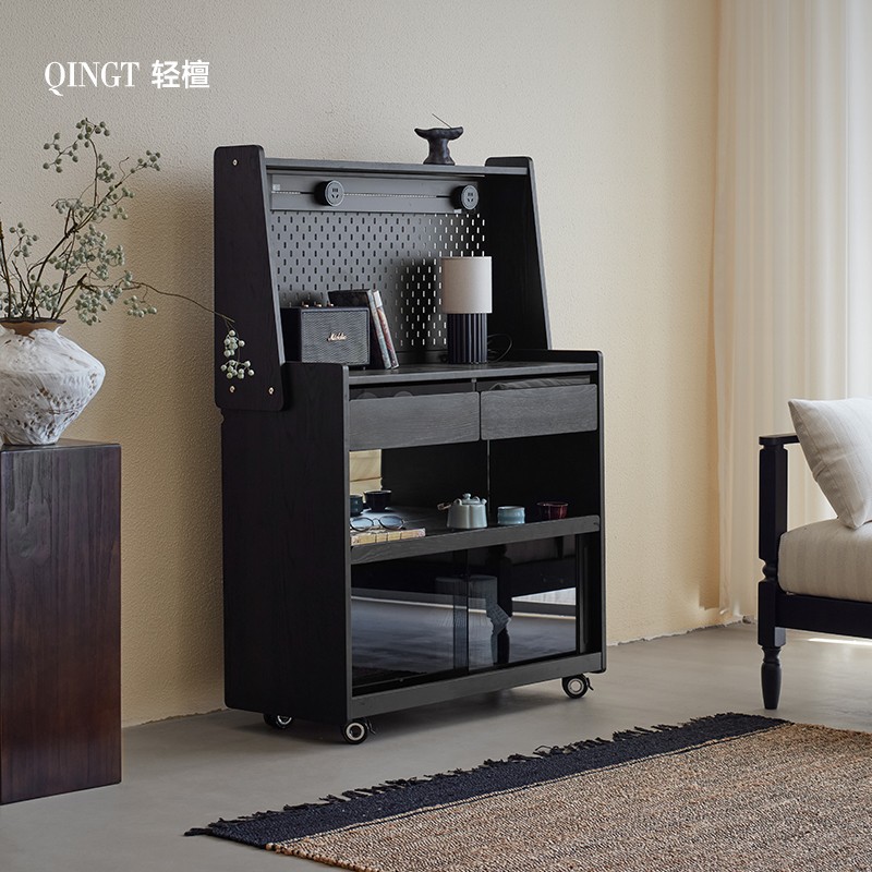 Light Sandalwood Medieval Solid Wood Movable Sideboard with Wheels Sofa Side Cabinet Integrated Storage Cabinet Wine Cabinet Coffee Tea Cabinet