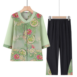 Summer Clothes for Middle-Aged and Elderly Women, Mother's Clothes, Ice Silk Shirts, Two-Piece Sets, 60 and 70-Year-Old Mother's Clothes, Summer Suits for Old Ladies