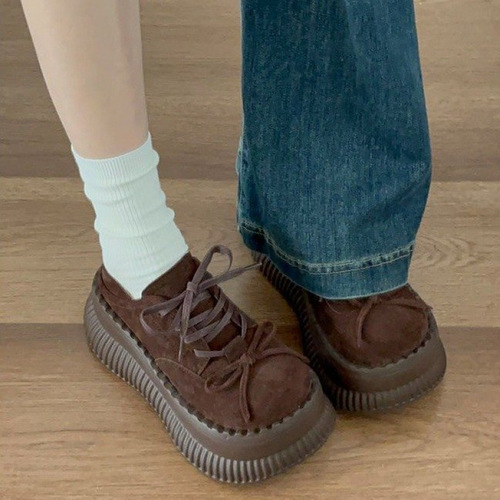 Ethnic Brogue Shoe Sole, Mid-Heel (-cm), Low-Cut Design, Lace-Up, Square Toe, Deep Rubber Opening