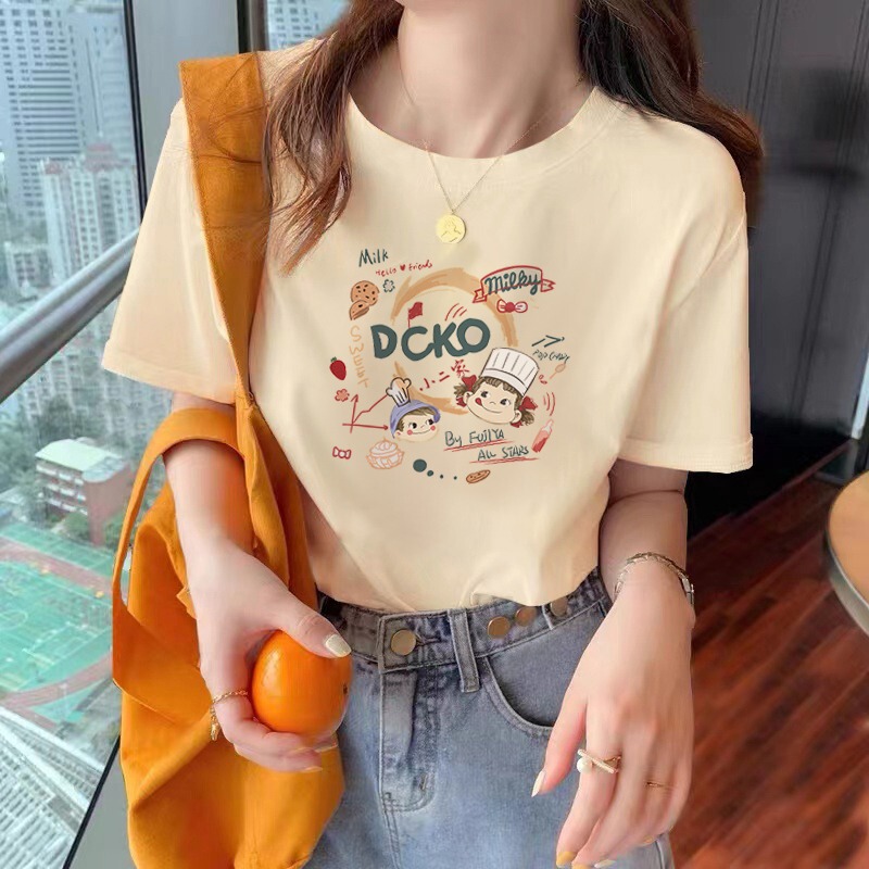 Shoulder Cotton Short-sleeved T-shirt Women's Summer Thin Inner Cartoon Loose plus size White Retro Slimming Ins Top