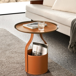 Italian Minimalist Designer Saddle Leather Storage Bucket Sofa Small Side Table Home Living Room Shopping Mall Corner Table Accessible Luxury