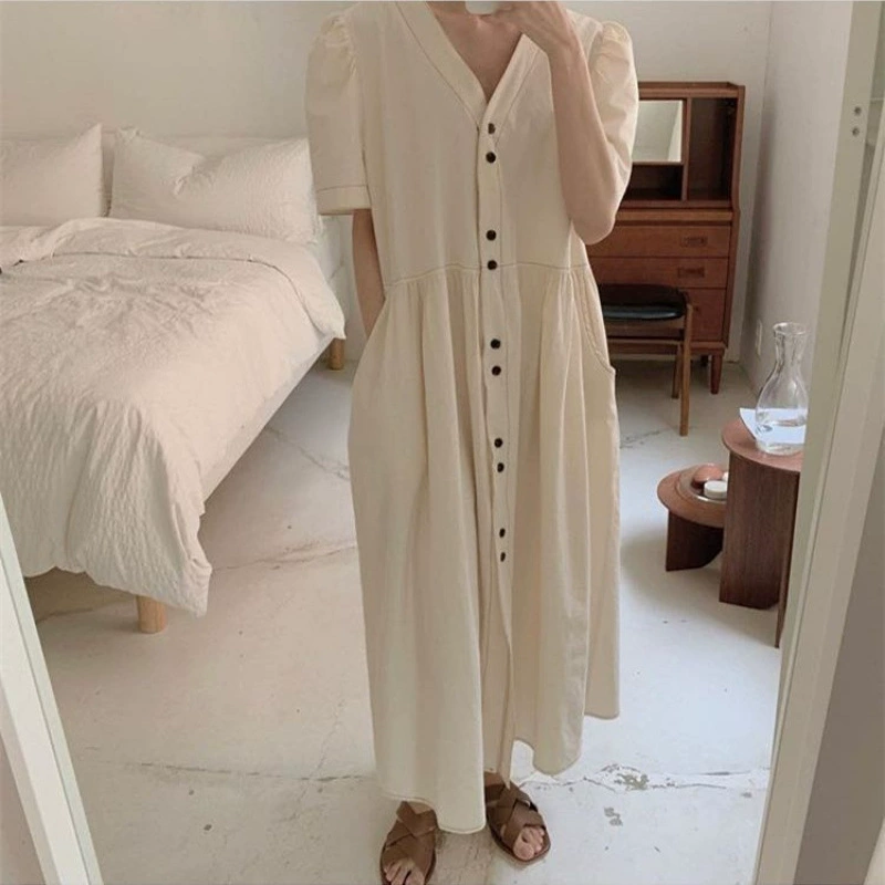 шикарный дизайн, тонкое однобортное свободное платье средней длины с v-образным вырезом и пышными рукавами, брюки с карманами с клапаном с обеих сторон