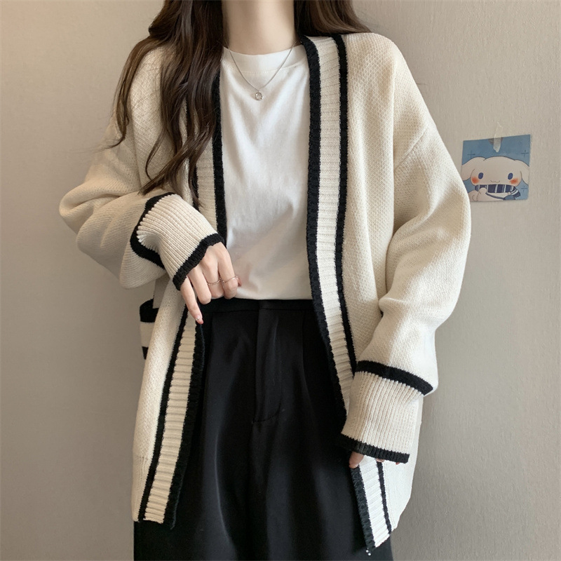 秋冬女装韩版宽松慵懒风中长款口袋学院时尚毛衣针织开衫外套女|undefined