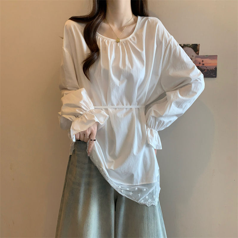 New Style Fake Two-Piece French Lace White Shirt for Women Spring and Autumn Large Size New Mid-Length Waist Shirt Top