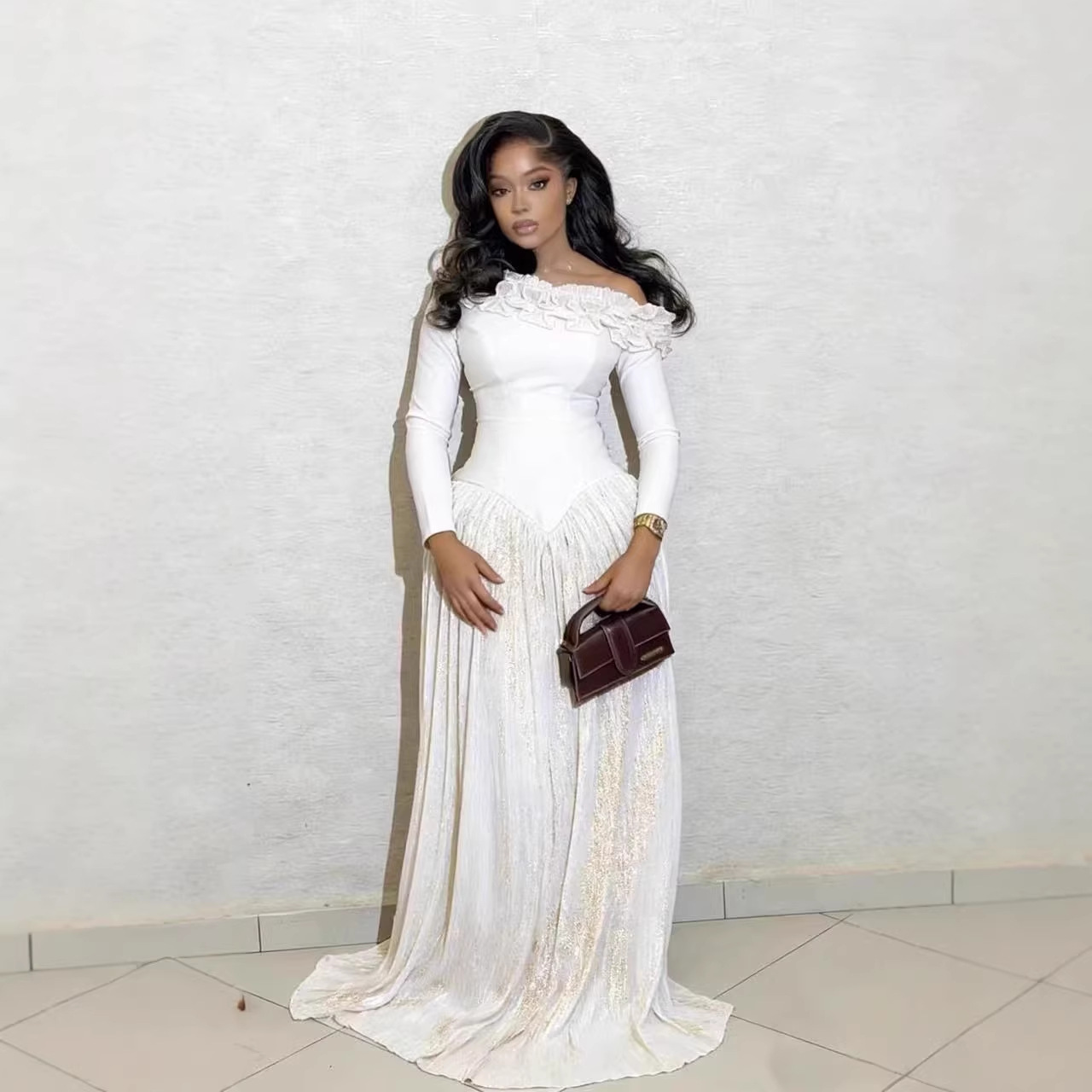 New Spring Retro Luxury Banquet Dress Slimming Long Sleeve Pleated Skirt Women's Fashion Dress_ecoleips.com