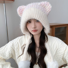 冬季双球耳朵盆帽韩版显脸小渔夫帽防寒保暖护耳针织毛线帽子女潮