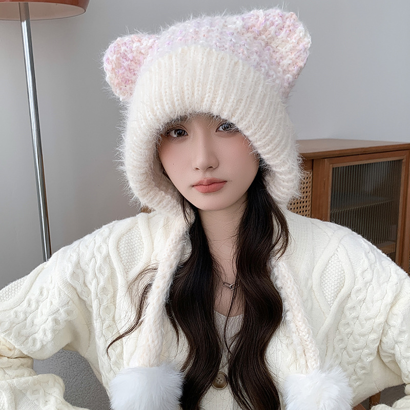 冬季双球耳朵盆帽韩版显脸小渔夫帽防寒保暖护耳针织毛线帽子女潮