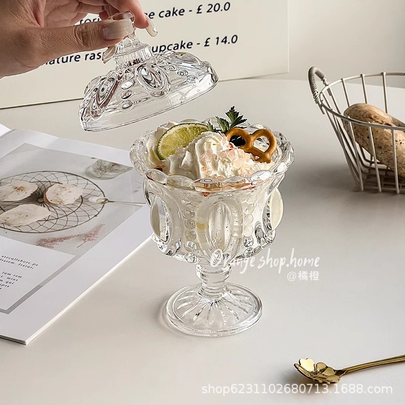 Retro relief transparent glass high-foot dessert cup household…