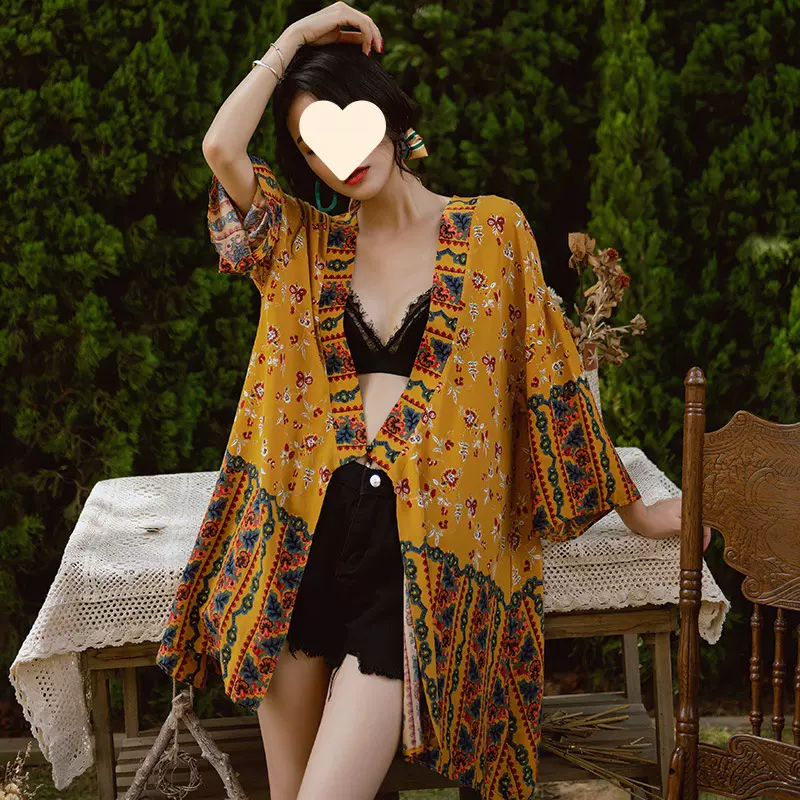 印花民族风度假开衫中长款 透气凉爽沙滩比基尼防晒外罩衫防晒衣