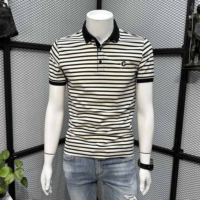 Striped Polo Shirt Men's Short-sleeved T-shirt Summer Solid Color New Casual Round Neck High-end Trendy Brand All-match Slim-fit T-shirt