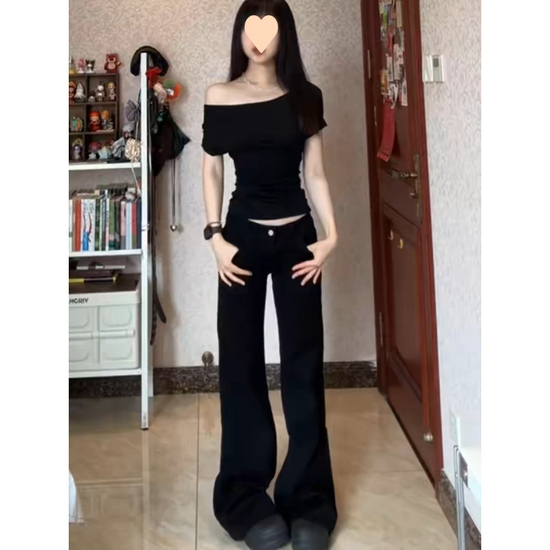 Black Petite Spicy Girl Jeans Washed Low-Rise Flared American Retro Wide-Leg Loose Slimming Drape Floor-Length