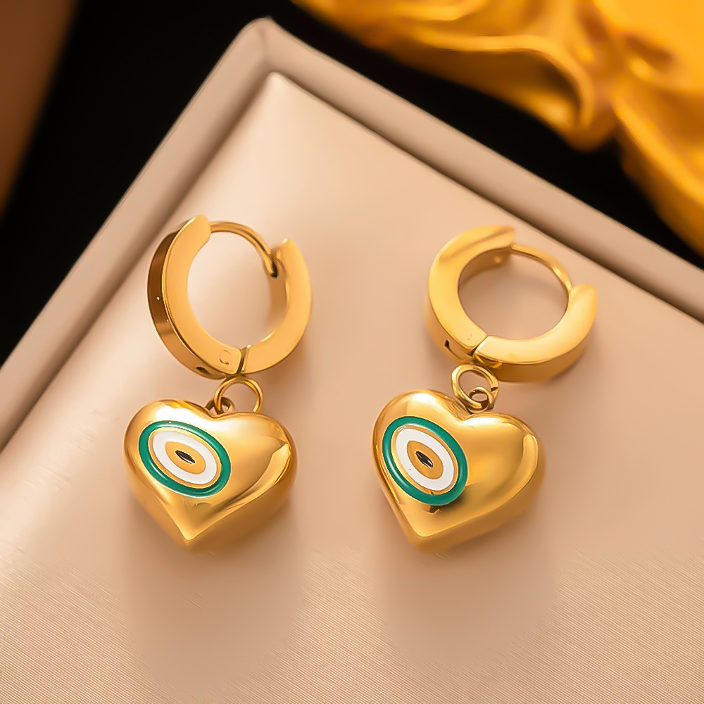 Zircon Inlay Material 1 Pair Retro Classic Style Four Leaf Clover Devil's Eye Heart Shape Enamel Inlay Stainless Steel Zircon Drop Earrings