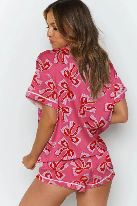 Turndown Neckline Holiday Women's Cartoon Style Heart Shape Imitated Silk Polyester Shorts Sets Pajama Sets
