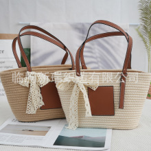 欧式皮标单肩包新款棉线编织包小众海边度假沙滩包大容量女包