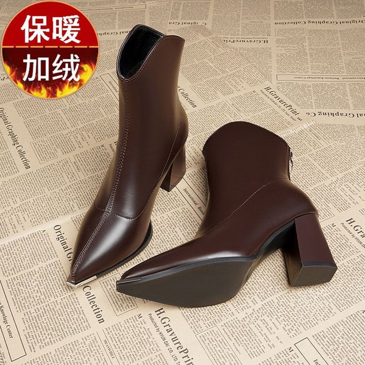 尖头粗高跟短靴女2025新款秋冬加绒马丁靴小个子法式小踝靴瘦瘦靴|undefined