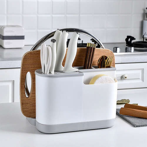 Multifunctional knife holder, chopping board, integrated kitchen supplies storage rack with chopstick barrel, kitchen knife holder, pot lid, knife holder