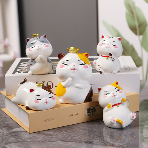 Creative Ceramic Money Cat Home Decor, Japanese Cat Cute Plush, Healing Office Desk Accent