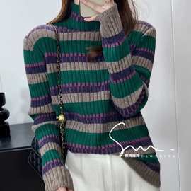 大码洋气显瘦条纹半高领套头毛衣宽松撞色打底衫图片色有吊牌