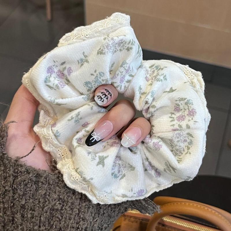 赵露思同款褶皱蕾丝发饰米色布艺发圈花边头绳氛围感大肠发绳|undefined