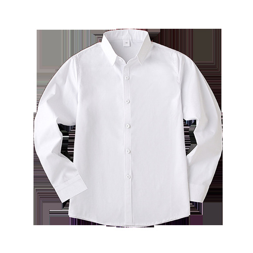 Children's pure white crew neck shirt, boys' lined cotton warm long-sleeved shirt, primary and secondary school campus style clothing item