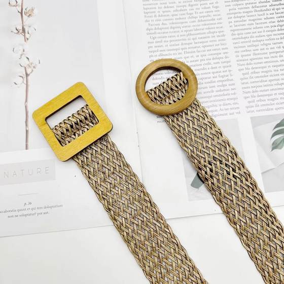 Vintage Square Round Wooden Buckle Woven Rope Belt Belt Tree Pattern Hollow Mesh Grille Lightweight Factory in stock Belt