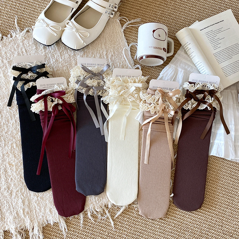 Lace Lolita Calf Socks Bow Pressure JK Long Barrel College Style Matching Boots Slimming Ballet Style Knee-High