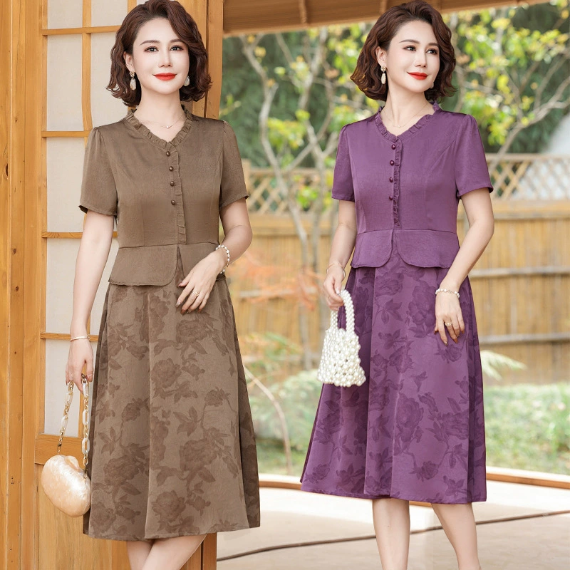 Мама летнее платье с короткими рукавами, благородная женщина среднего и пожилого возраста, летнее платье поддельные две темпераментные модные юбки