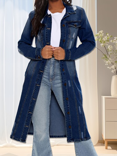 Women's Faux Denim Trench Coat Retro Medium Long Coat