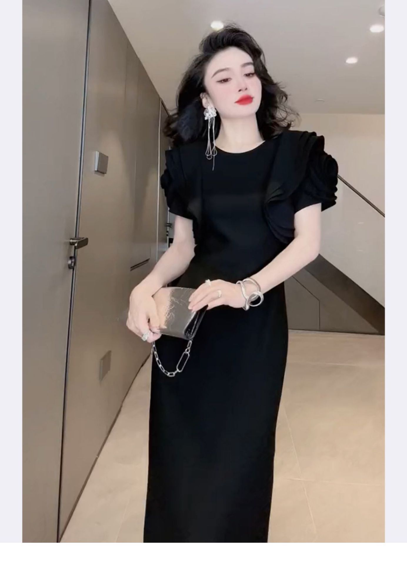 Đầm đen dáng ôm phong cách Hepburn thời trang hè mới FL231696, đầm dài thanh lịch kiểu Pháp — Màu đen