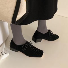 小众设计手工西部鞋复古方头系带绒面单鞋美拉德棕色真皮女鞋春秋