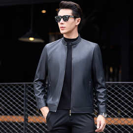 秋季新款海宁皮衣男中年立领薄款皮夹克棒球领时尚男士外套