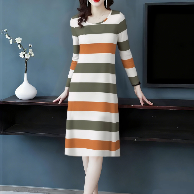 Mid-Length Slim-Fit Blue Dress That Looks Slimming and Age-Reducing, Clearance Sale New Autumn and Winter Striped Long-Sleeve Dress for Women