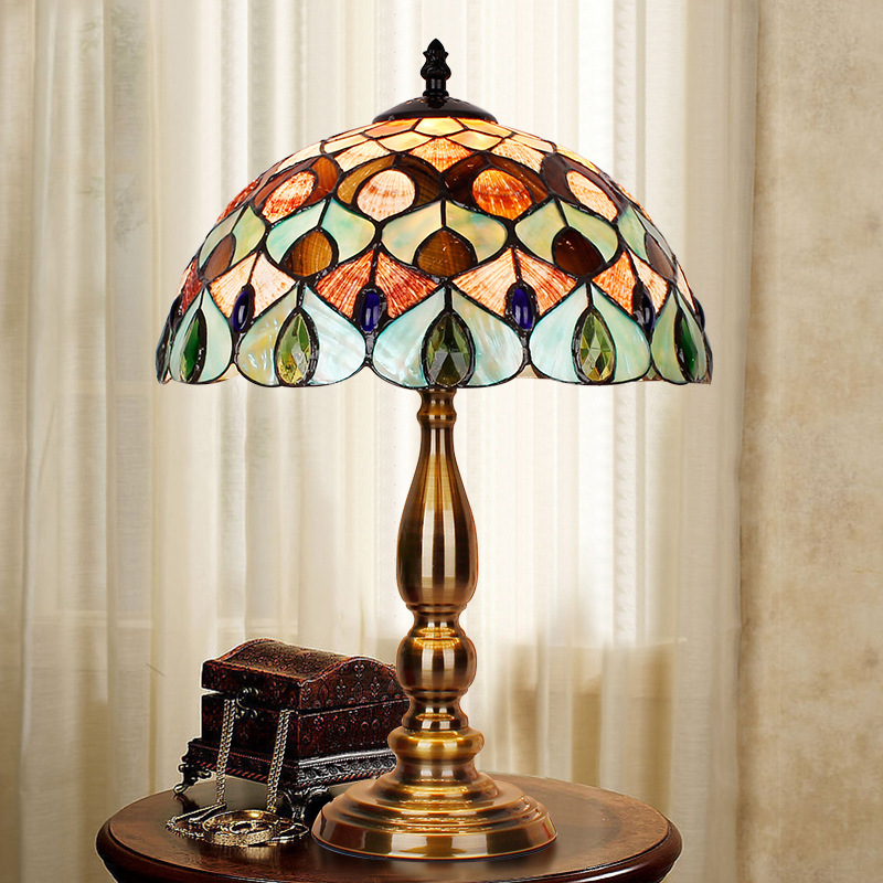 American Tiffany Shell Bedside Lamp Decor Table Lamp European Mediterranean Warm Living Room Study Lighting