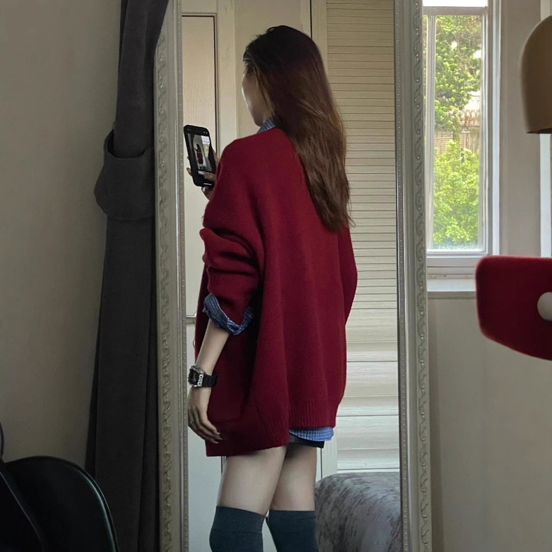 高级感复古套装女气质百搭针织开衫毛衣搭格纹小众翻领衬衫两件套|undefined