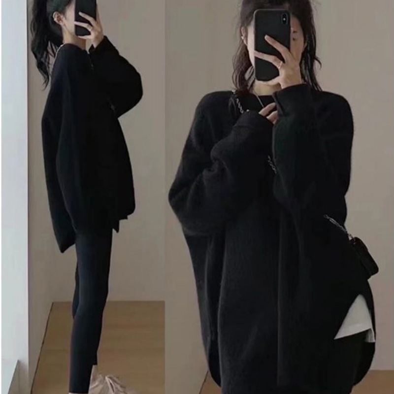 日韓の新型の怠惰な風のシンプルなレトロなニットのセーターの女性の秋冬の外は中の長いタイプのオープンフォークの百合の上着を着ます。|undefined