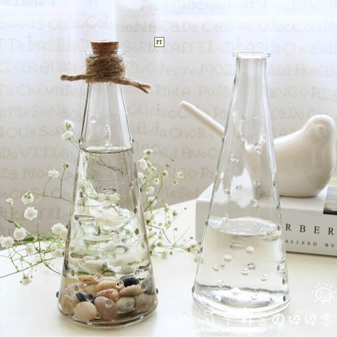 批发现代透明小雨点玻璃插花瓶摆件小口锥形许愿瓶