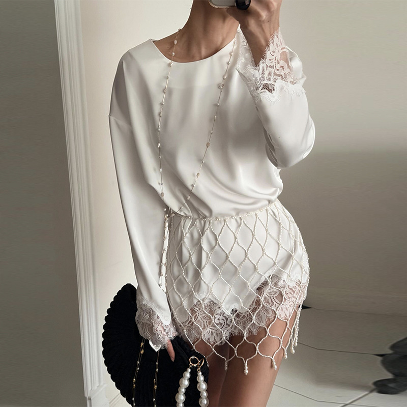2026 Spring New Style Round Neck Pure Color Asymmetrical Lace Long-Sleeved T-Shirt Top for Women Elegant Elegant Shirt