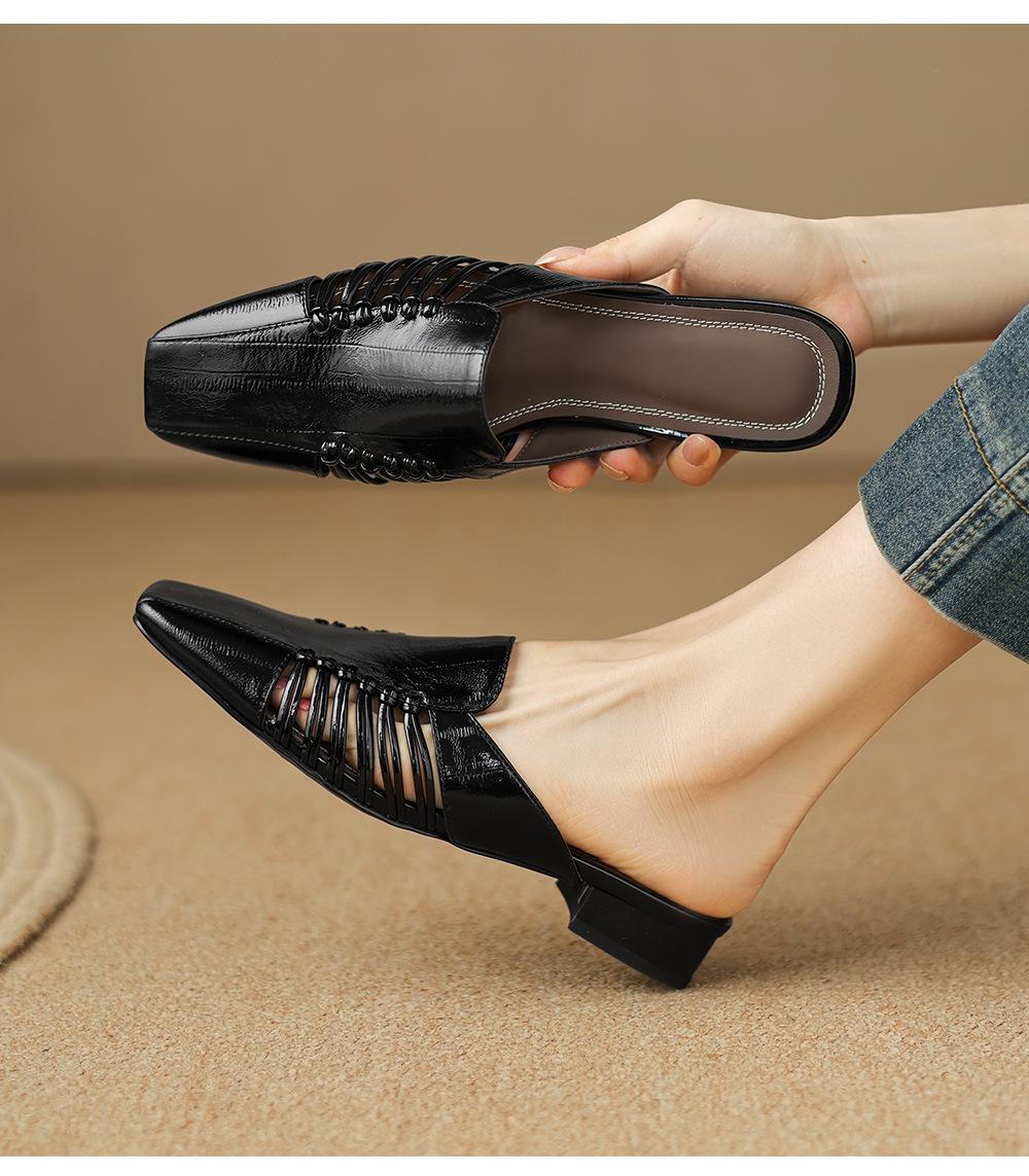 Dép sandal nữ quai chữ V bệt mũi tròn phong cách vintage — đen chi tiết 12