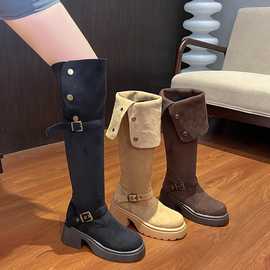 自家图片大货已出圆头松糕底橡胶高筒时装靴PU牛反绒（磨砂皮）