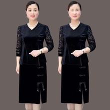 春秋款金丝绒长袖裙套装时尚洋气遮肚子中年妈妈装套装女