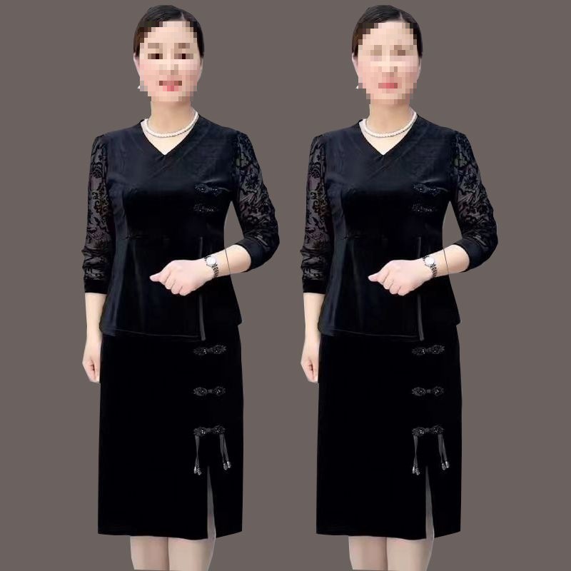 春秋款金丝绒长袖裙套装时尚洋气遮肚子中年妈妈装套装女