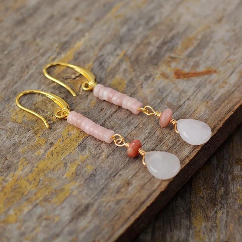 Boho Style Earrings With Natural Imperial Stone And Pink Crystal_voghion.com