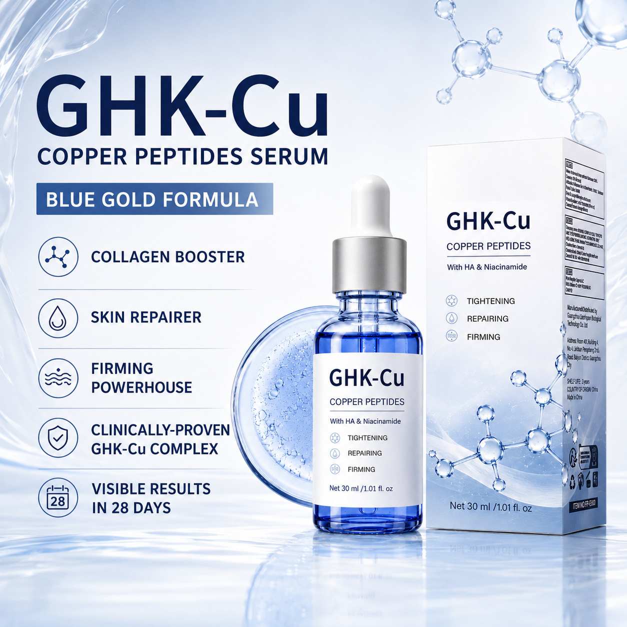 Exclusively for export: Blue Copper Peptide GHK-Cu facial serum, a hydrating and moisturizing essence that improves skin texture and overall skin condition