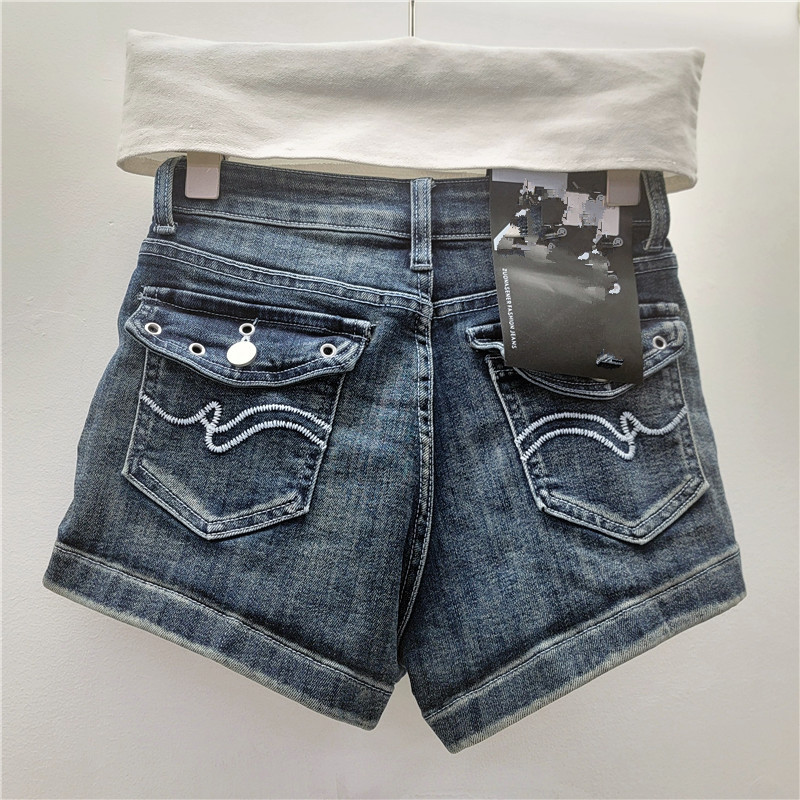 Pantalones Cortos de Mezclilla Corte A para Mujer Elásticos de Tiro Bajo