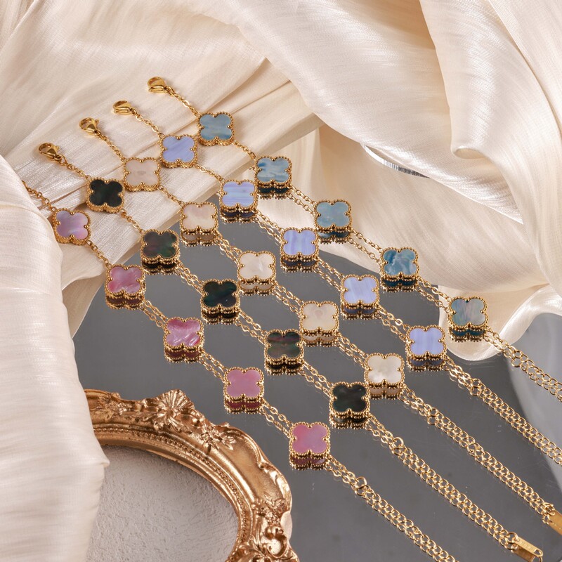 Four-Leaf Clover Bracelet for Women, 18K Gold Plated, Double-Sided Mother-Of-Pearl, Light Luxury, High-End Niche Fashion Jewelry, Cross-Border Hit
