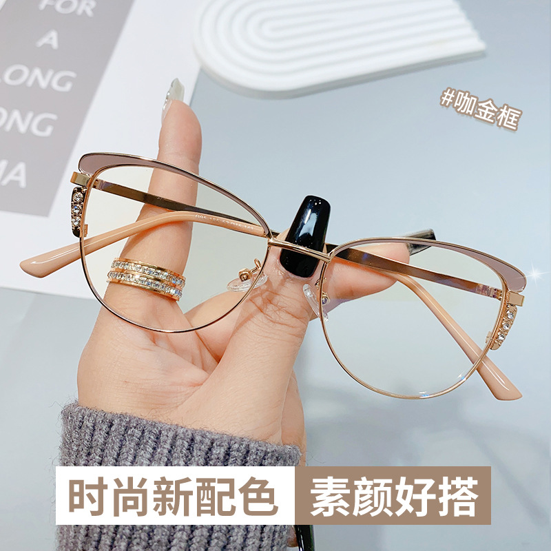 2023 Autumn New retro eyebrow two-color point diamond cross-border metal anti-blue light glasses men and women cat eye plain glasses