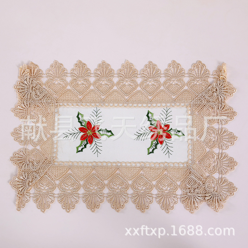 ヨーロピアンスタイルの刺繍レースの赤いプレースマット、布製の水溶性レース、茶器カバー、多用途の長方形のティーテーブル防塵布|undefined