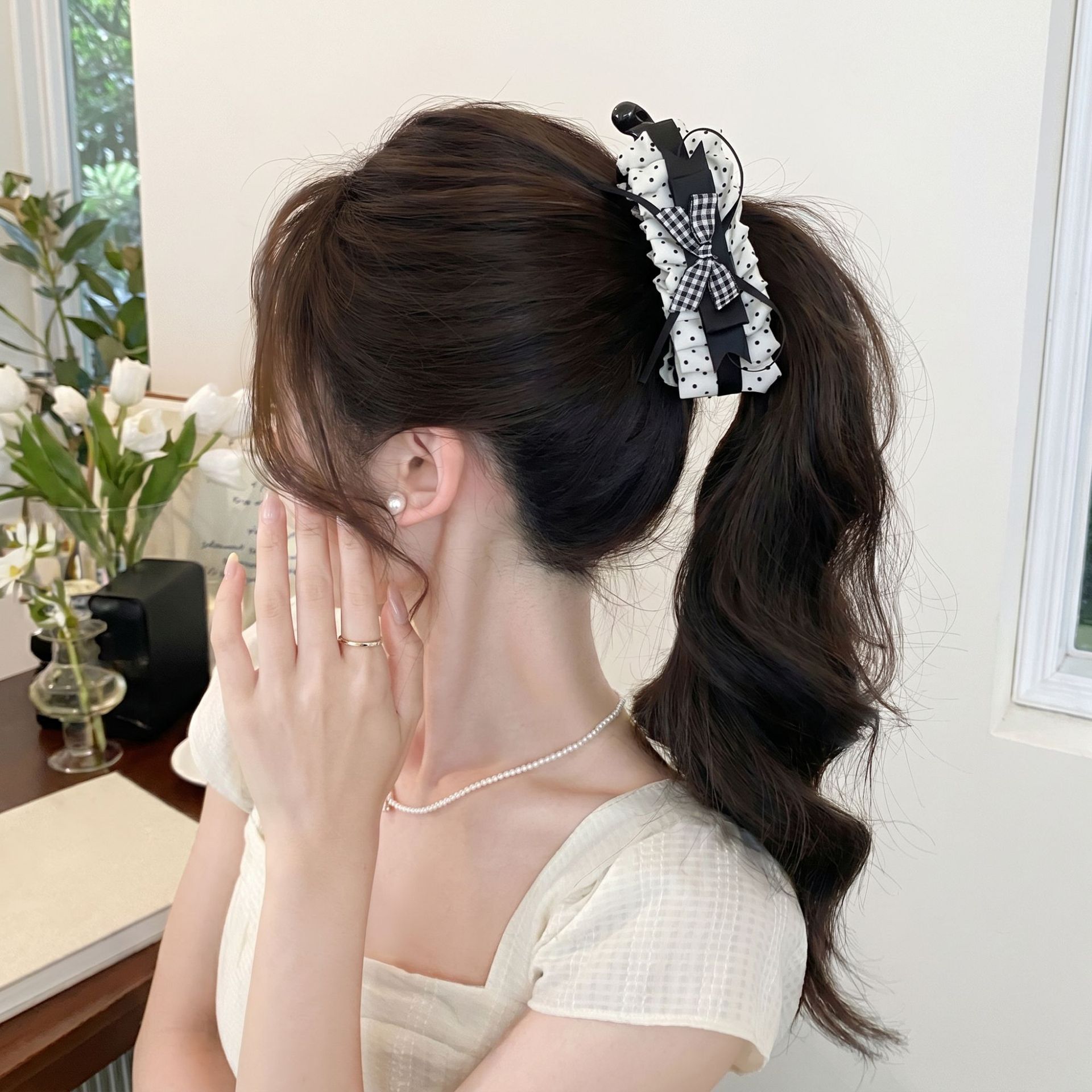 60# white polka dot pleated bow banana clip-13cm
