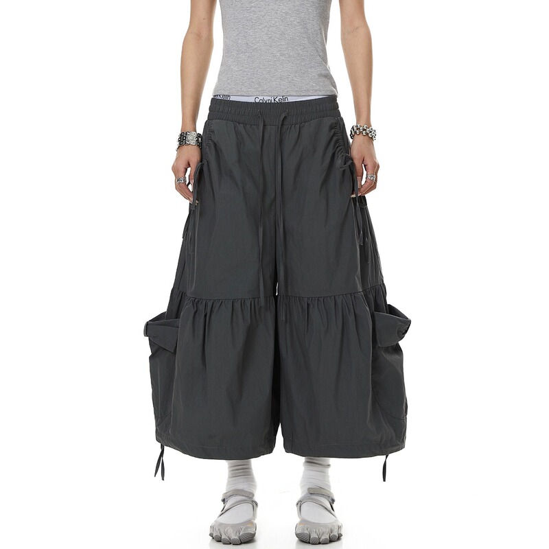 Direct Sale from the Manufacturer: American-Style Drawstring Pleated Design Workwear Cropped Pants for Women, Summer Large Pocket Wide-Leg Pants, Trendy